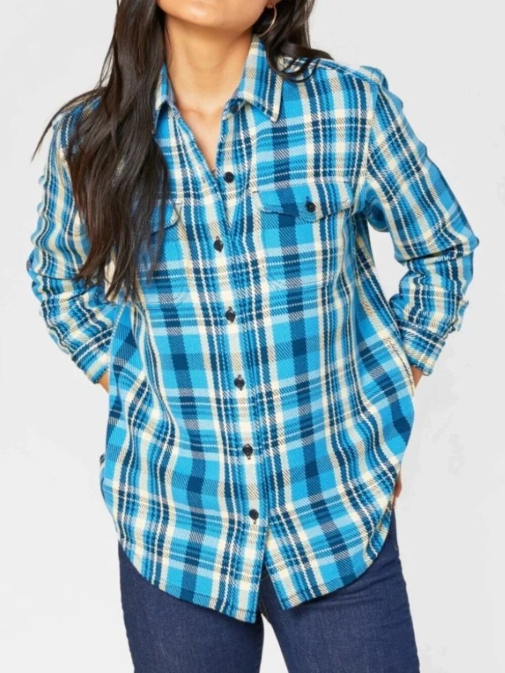 Outerknown Blanket Button Down Shirt - Blue Wave Ventana Plaid - Size M/L